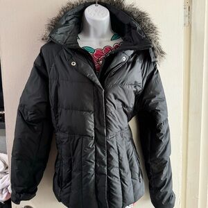 Women's Black Puffer Jacket with Faux Fur Hood